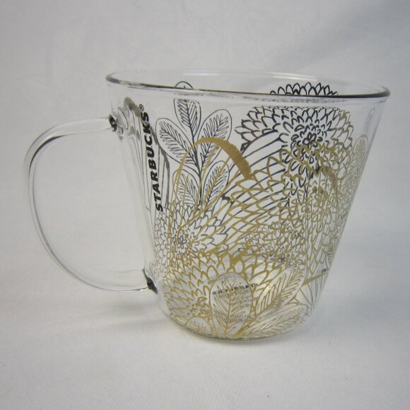 Starbucks 2019 Clear Glass 14oz Mug with Gold Floral Design HTF - Picture 1 of 6